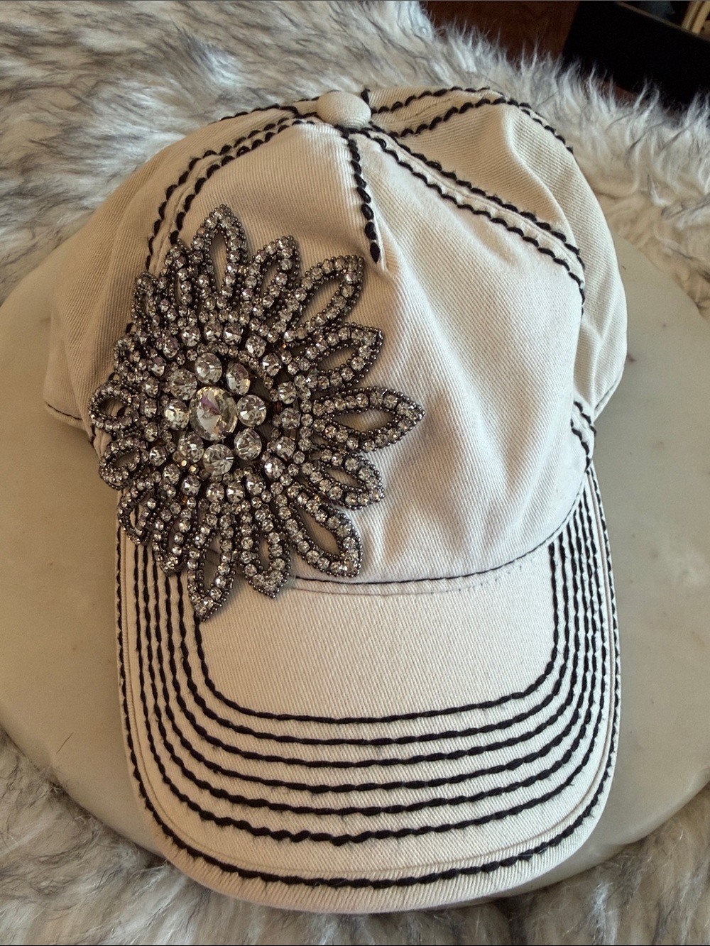 OLIVE & PIQUE Embellished Crystal Flower Baseball Cap - White